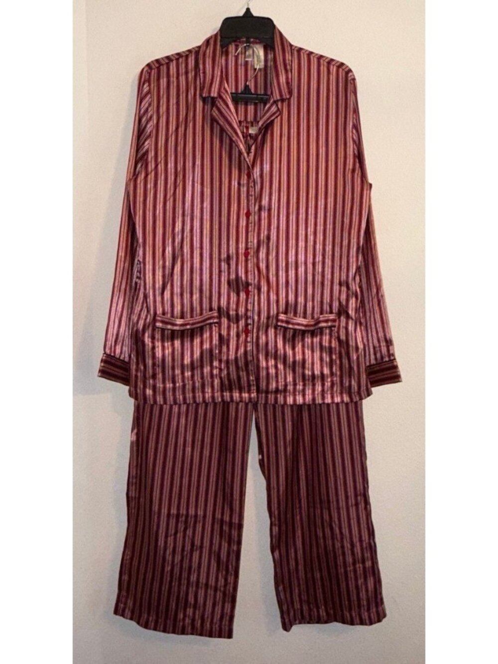Ambrielle 2 Piece PJs Pajama Set Polyester Satin Stripes LS Womens L Large Red